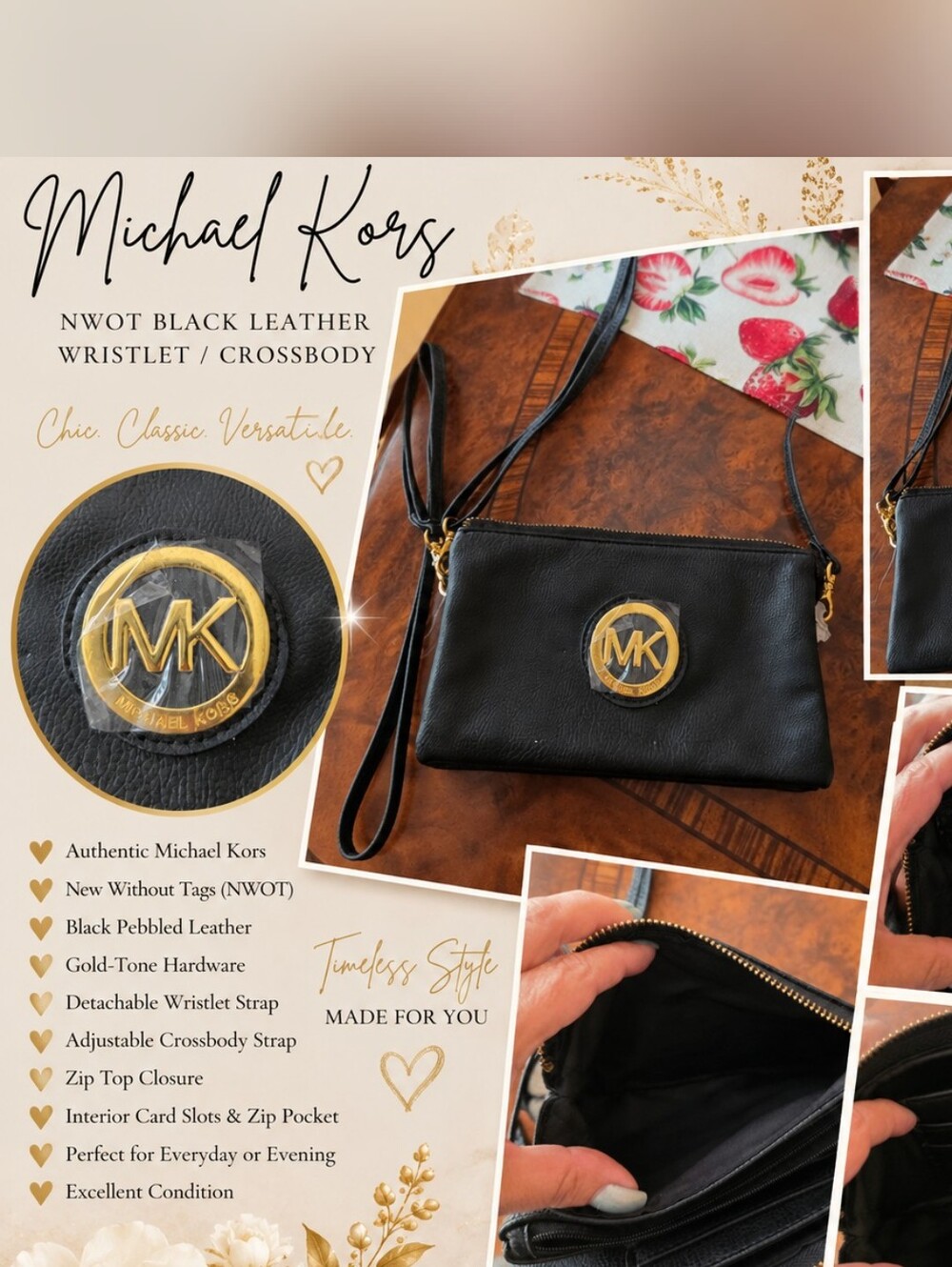 Michael Kors Black Leather Wristlet Crossbody - Black